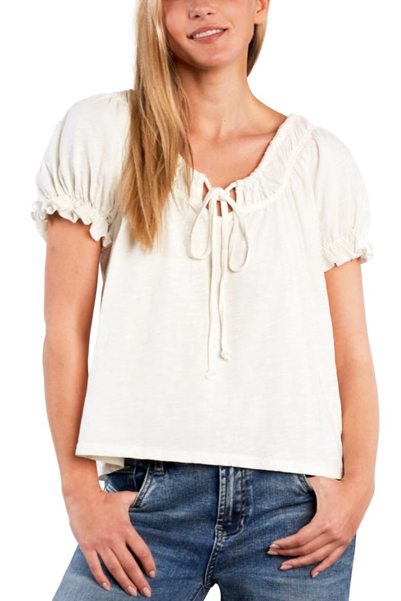 Gathered Cotton Peasant T-Shirt, Alternate, color, WHITE FLOWER