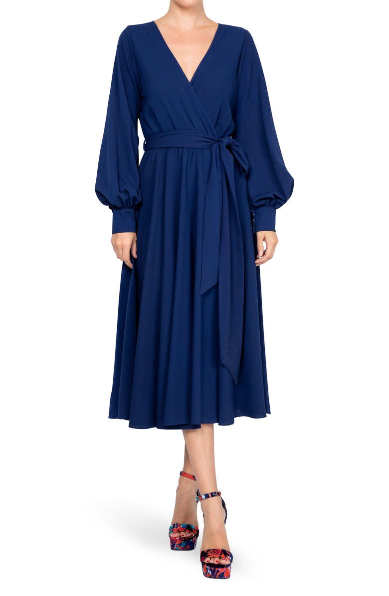 MEGHAN LA Lilypad Surplice Long Sleeve Wrap Midi Dress, Main, color, Navy