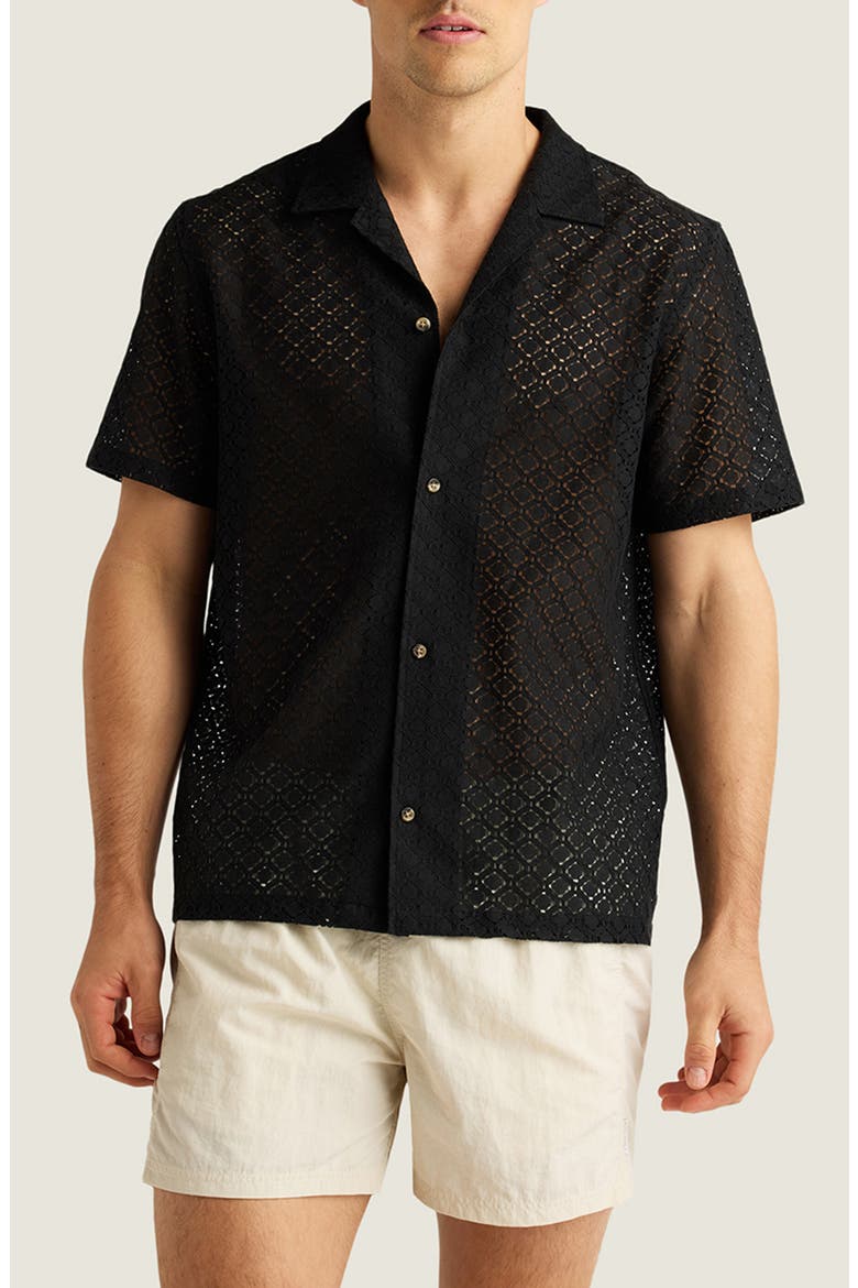 Alex Raschel Open Knit Camp Shirt, Main, color, BLACK