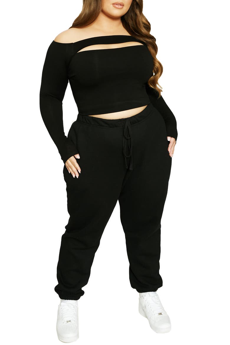 x Lori Harvey Front Cutout Off the Shoulder Crop Top, Alternate, color, BLACK
