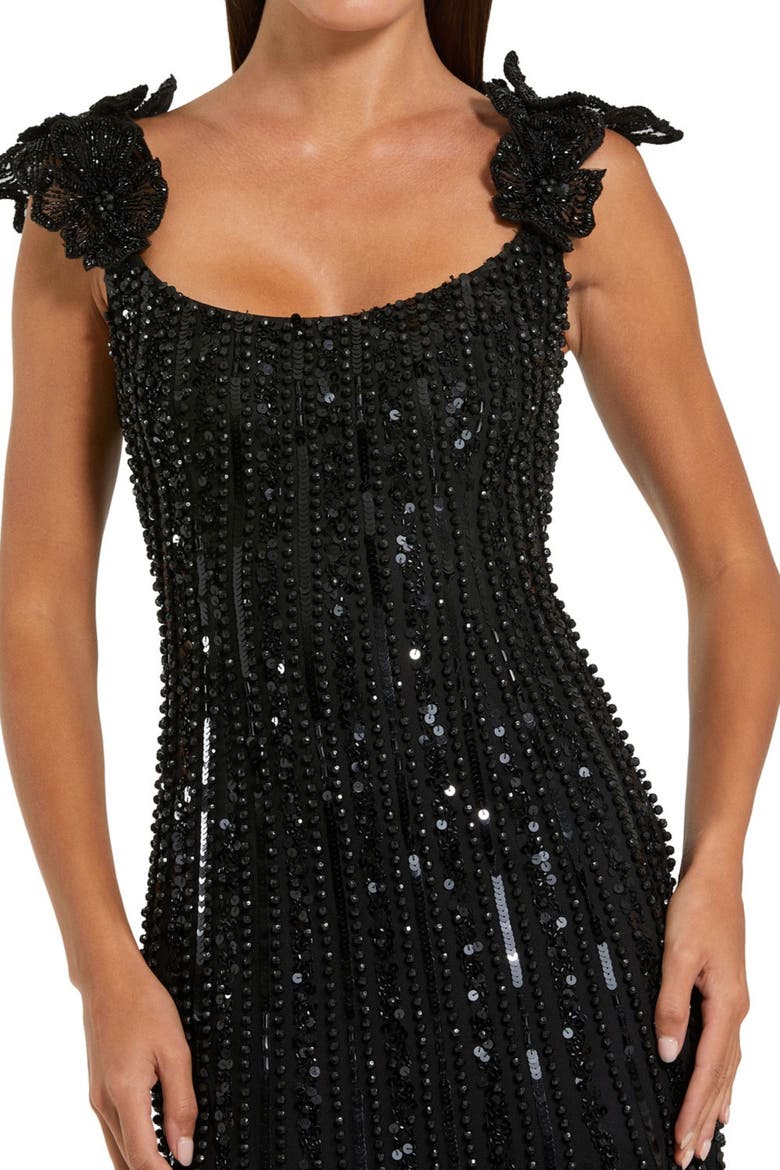 Women's Floral Shoulder Sequin Mesh Evening Gown, Alternate, color, Black