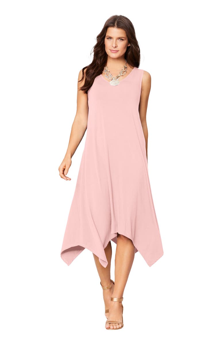 Roaman's Plus Size Stretch Knit Mid Length Sleeveless Swing Dress, Main, color, Soft Blush