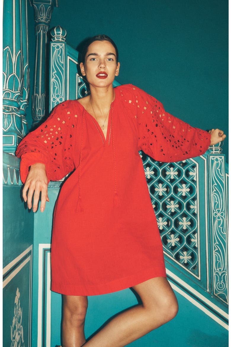 Embroidered Long Sleeve Cotton Caftan, Alternate, color, RED EMBROIDERIE