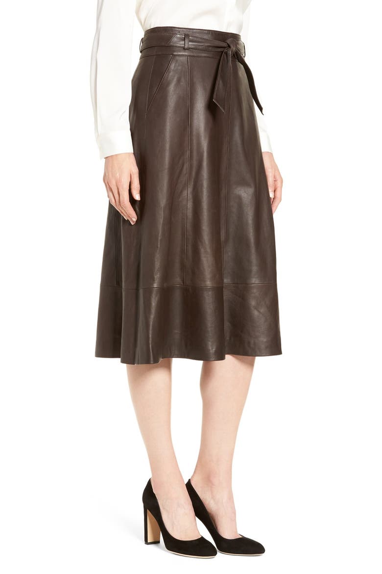 Belted Leather A-Line Skirt, Alternate, color, BROWN CHESTNUT