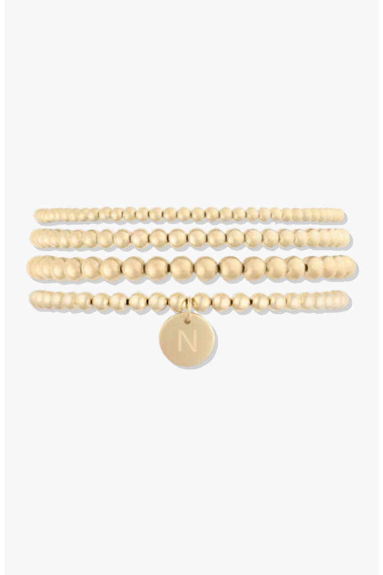 Classic Initial Coin 14k Gold Filled Bead Four Bracelet Stack, Main, color, Gold N