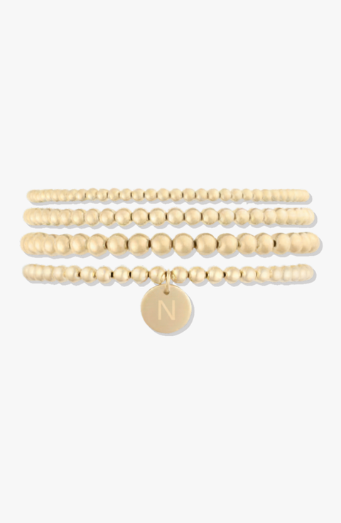 Classic Initial Coin 14k Gold Filled Bead Four Bracelet Stack