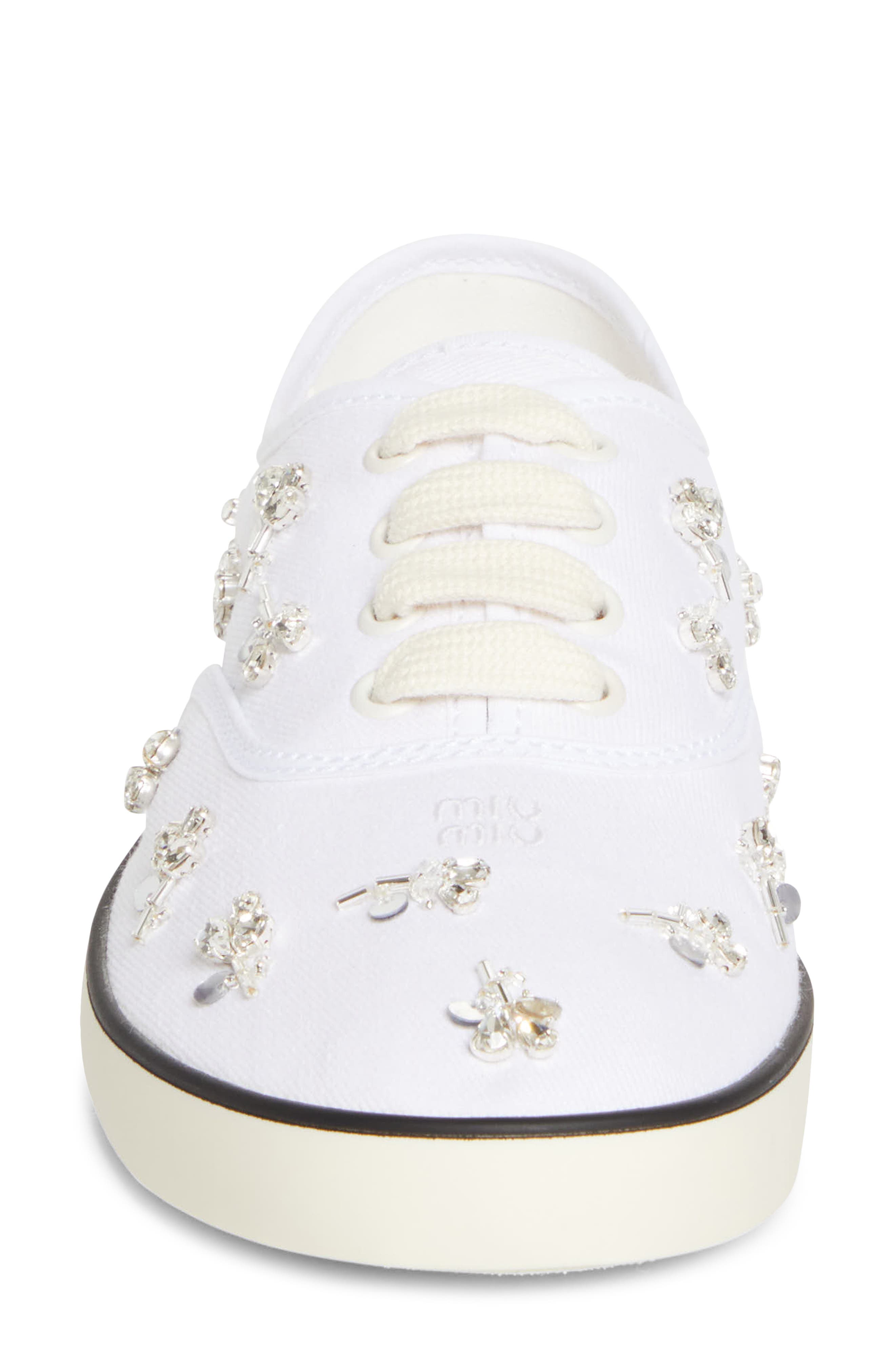 Miu Miu Crystal Embellished Low Top Canvas Sneaker, Alternate, color, White