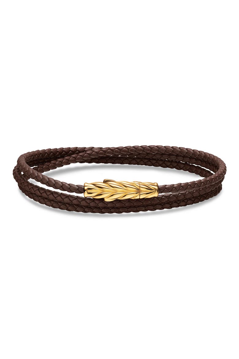 Men's Chevron Triple Wrap Bracelet in Leather with 18K Yellow Gold, 3mm, Main, color, BROWN