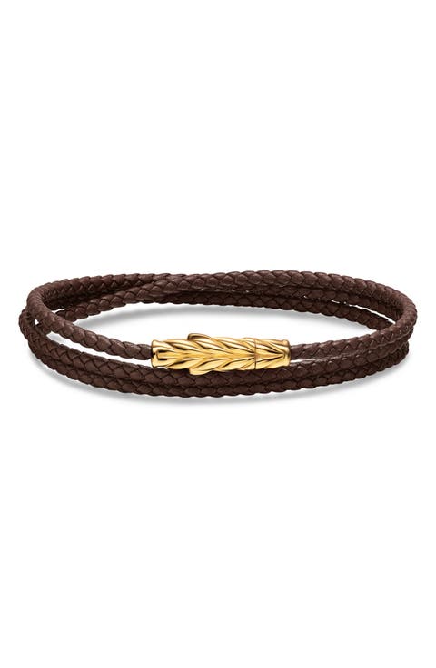 Men's Chevron Triple Wrap Bracelet in Leather with 18K Yellow Gold, 3mm