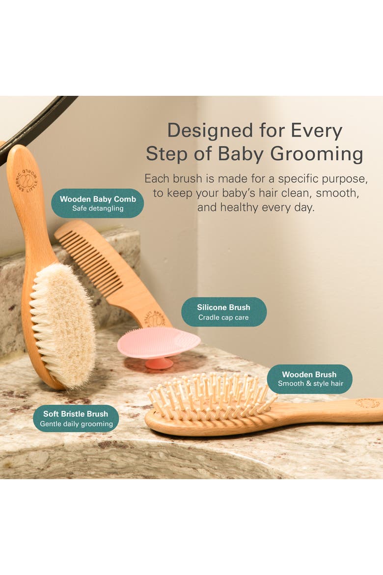Wooden Baby Hair Brush with Soft Bristle and Comb Set, Alternate, color, Pink