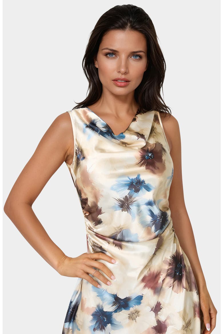 Floral Cowl Neck Sleeveless Satin Midi Dress, Alternate, color, BLUETAN