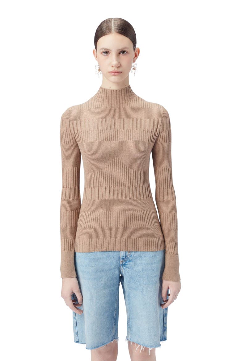 High-neck Ribbed Cotton Silk Cashmere Blend Sweater, Alternate, color, timber wolf