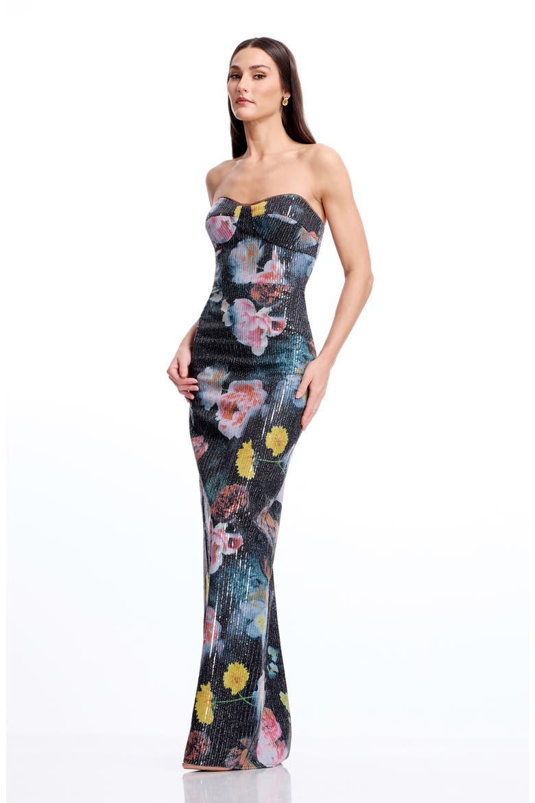 Vada Floral Sequin Strapless Gown, Alternate, color, BLACK MULTI