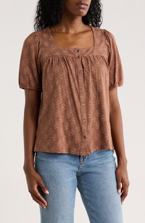 Floral Square Neck Button Top