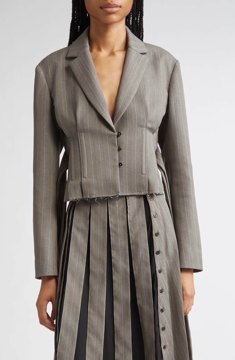 Meruert Tolegen Pleated Pinstripe Cutoff Suiting Jacket, Main, color, Grey