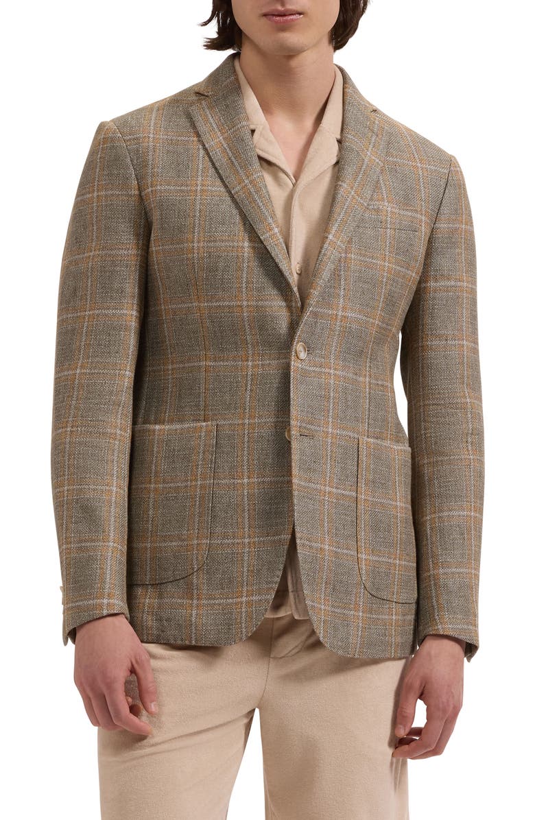 Bugatchi Windowpane Check Cotton & Linen Blazer, Main, color, Khaki