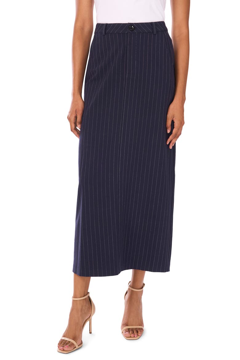 Pinstripe High Rise Midi Skirt, Main, color, CLASSIC NAVY