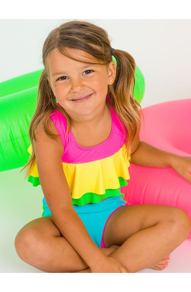 RuffleButts Toddler Girls Flounce Bikini, Alternate, color, Neon Color Block