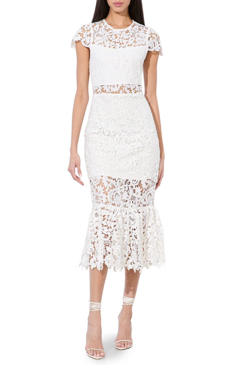Alice + Olivia Clover Flounce Hem Lace Midi Dress, Main, color, Off White