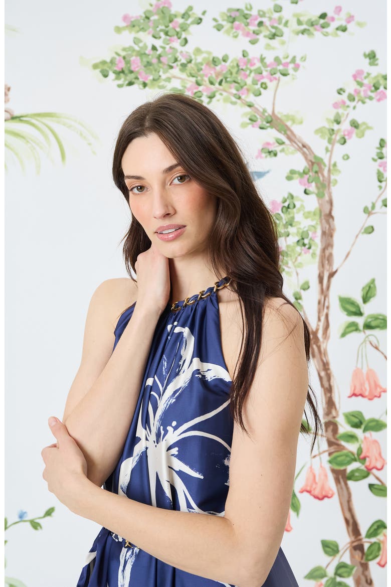 Floral Halter Neck Belted Midi Dress, Alternate, color, NAVY/ IVORY