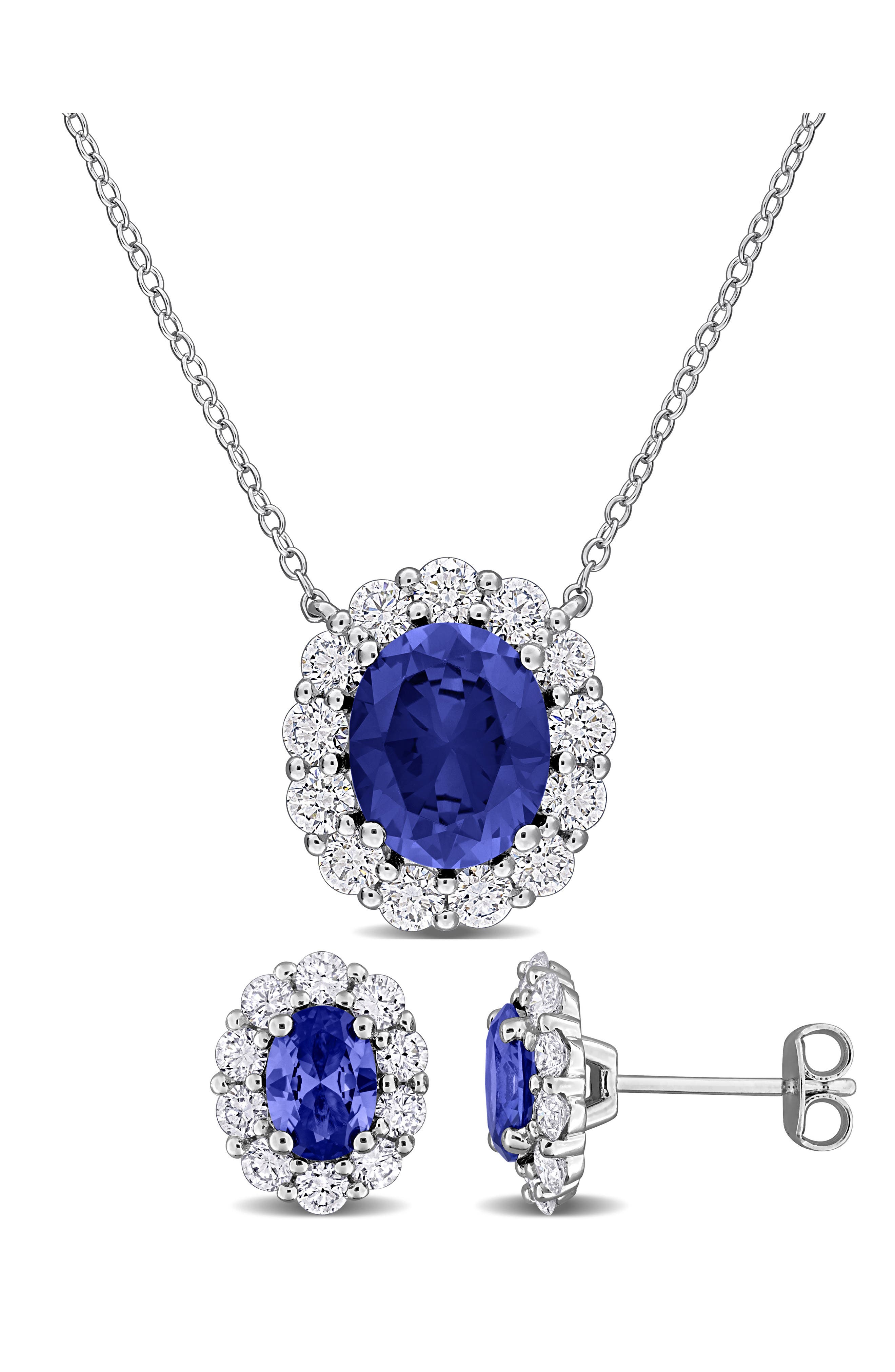 DELMAR Halo Oval Cut Lab Created Blue Sapphire Stud Earrings & Pendant Necklace Set