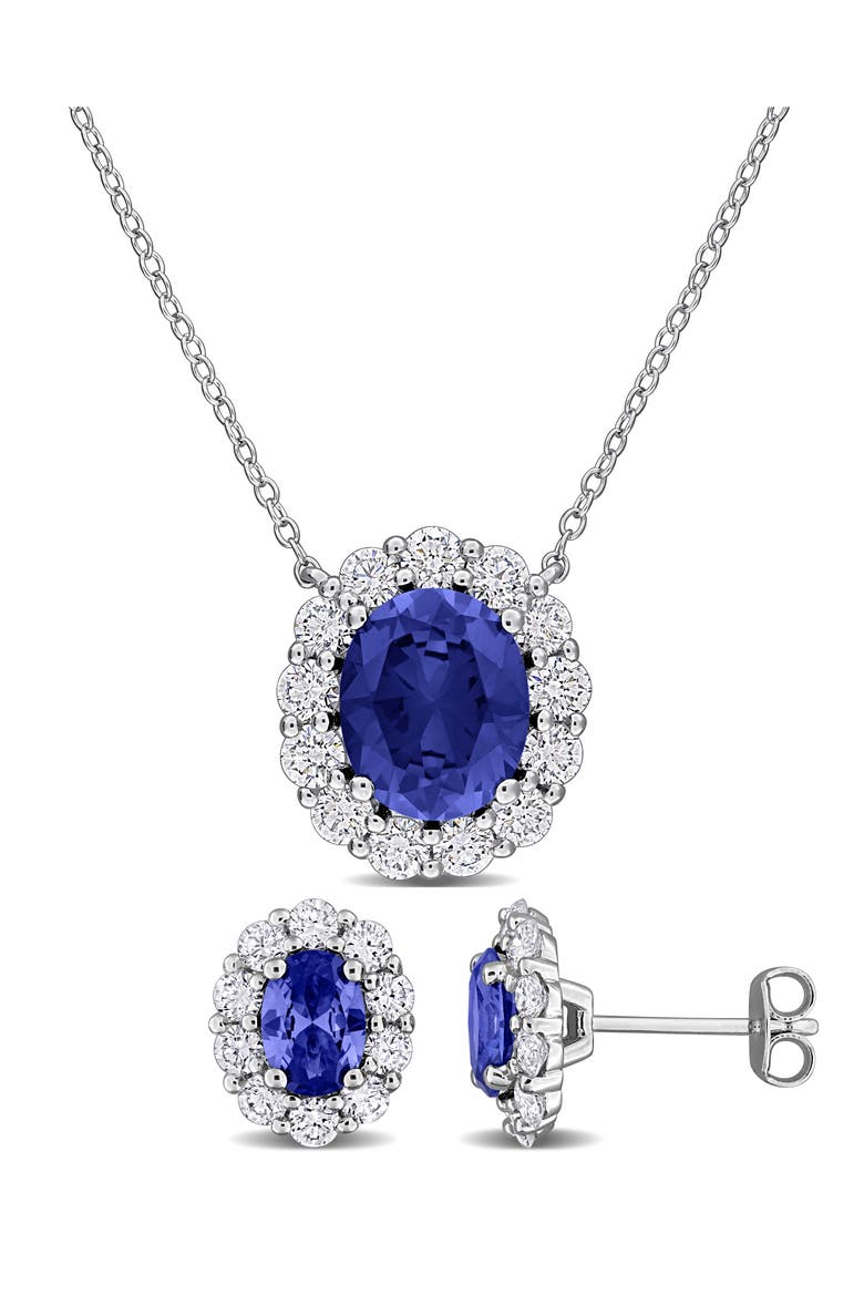 Halo Oval Cut Lab Created Blue Sapphire Stud Earrings & Pendant Necklace Set, Main, color, BLUE