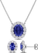 DELMAR Halo Oval Cut Lab Created Blue Sapphire Stud Earrings & Pendant Necklace Set