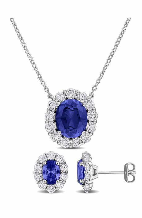 DELMAR Halo Oval Cut Lab Created Blue Sapphire Stud Earrings & Pendant Necklace Set
