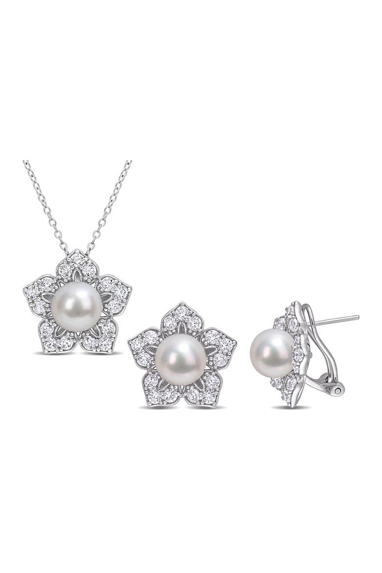 Cultured Freshwater Pearl & Lab Grown White Sapphire Flower Necklace & Earrings Set, Main, color, WHITE