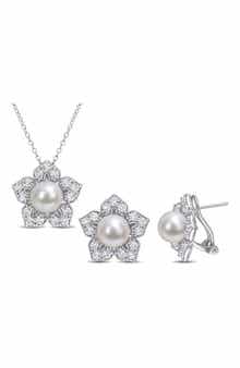 DELMAR Cultured Freshwater Pearl & Lab Grown White Sapphire Flower Necklace & Earrings Set