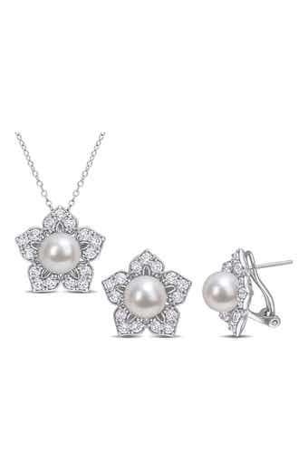 Cultured Freshwater Pearl & Lab Grown White Sapphire Flower Necklace & Earrings Set