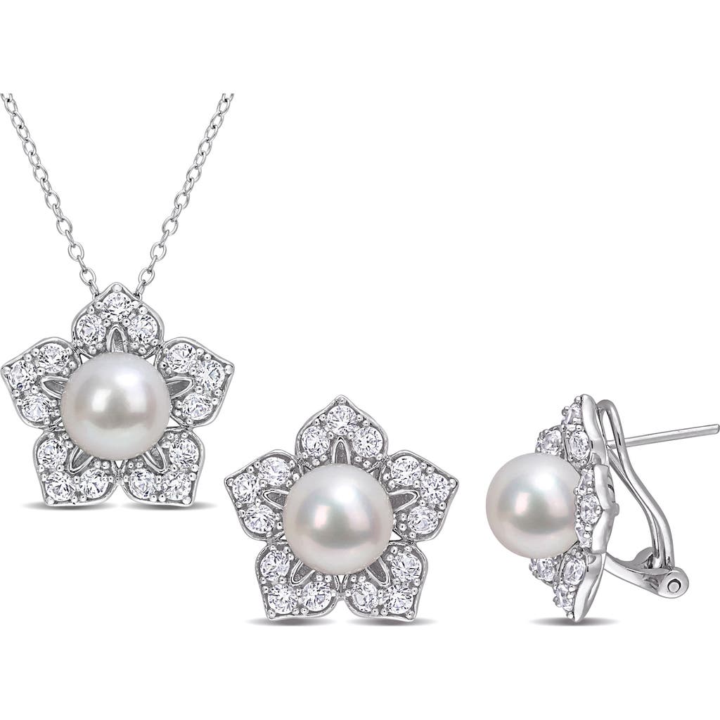 Delmar Cultured Freshwater Pearl & Lab Grown White Sapphire Flower Necklace & Earrings Set