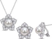 DELMAR Cultured Freshwater Pearl & Lab Grown White Sapphire Flower Necklace & Earrings Set