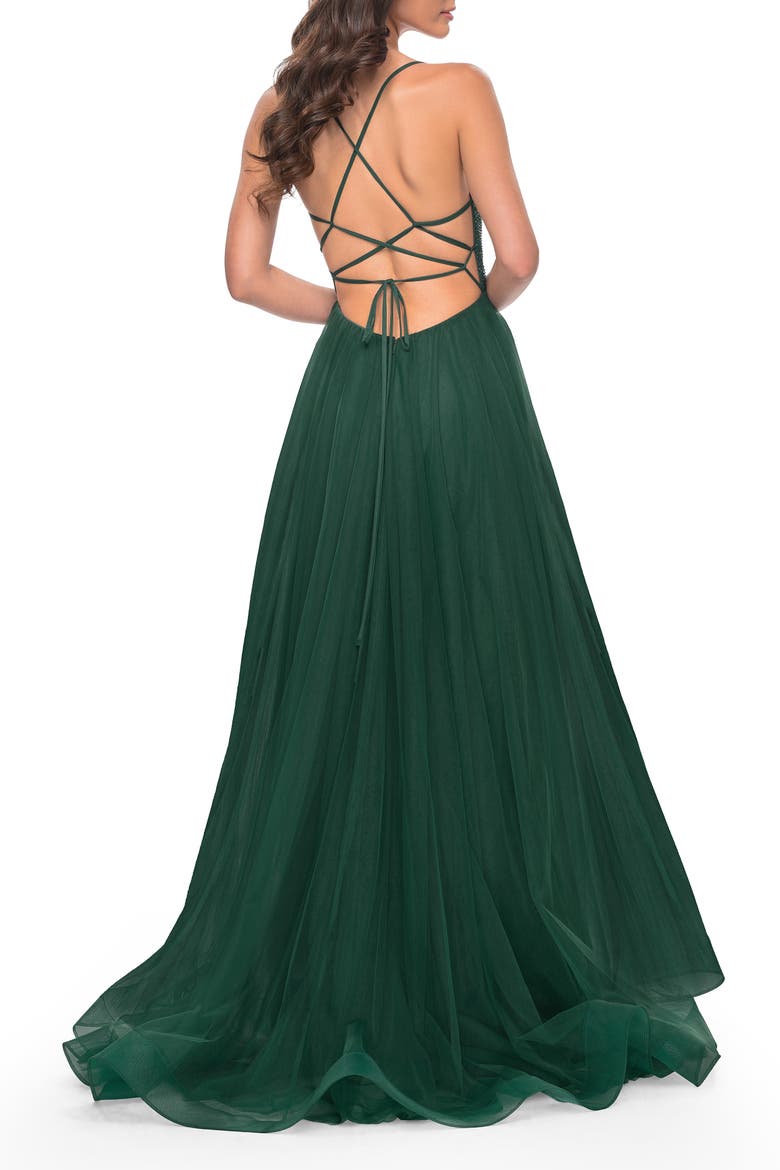 A-Line Tulle Gown with Rhinestone Fishnet Bodice, Alternate, color, Dark Emerald