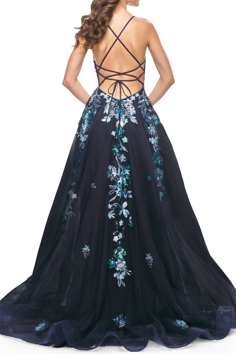 Gorgeous Sequin Floral Lace Applique A-Line Tulle Prom Dress, Alternate, color, Navy