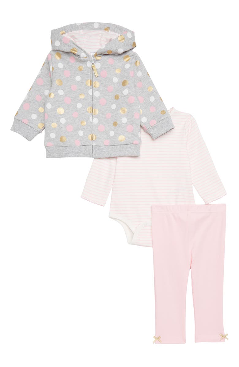 Little Me Dots Bodysuit, Leggings & Full Zip Hoodie Set, Main, color, 