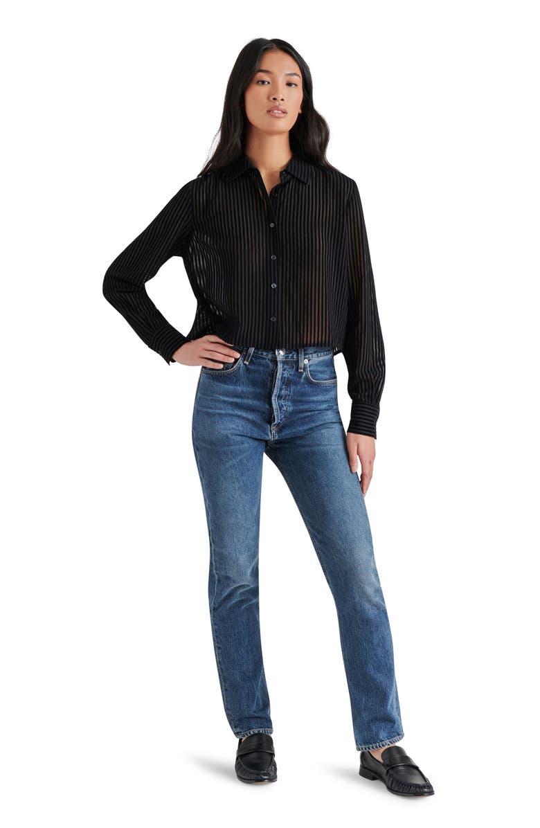 Steve Madden Noelle Burnout Velvet Stripe Button-Up Shirt, Alternate, color, 