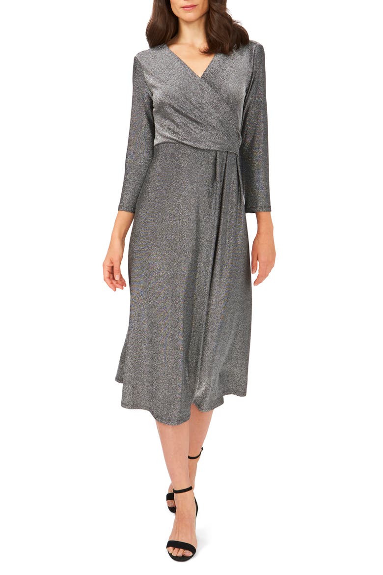Three-Quarter Sleeve Faux Wrap Midi Dress, Main, color, BLACK/SILVER 013