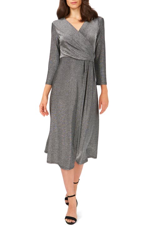 Three-Quarter Sleeve Faux Wrap Midi Dress