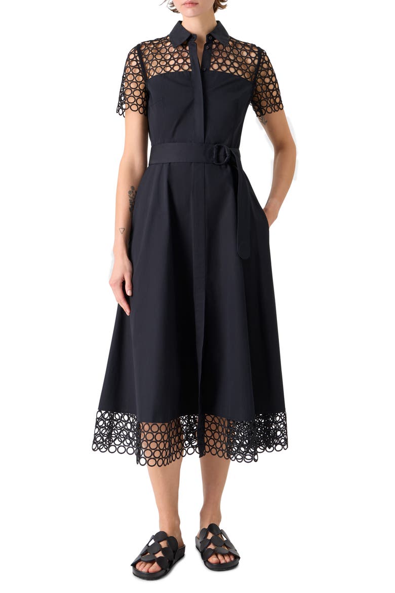 Belted Circle Lace & Poplin Shirtdress, Main, color, BLACK