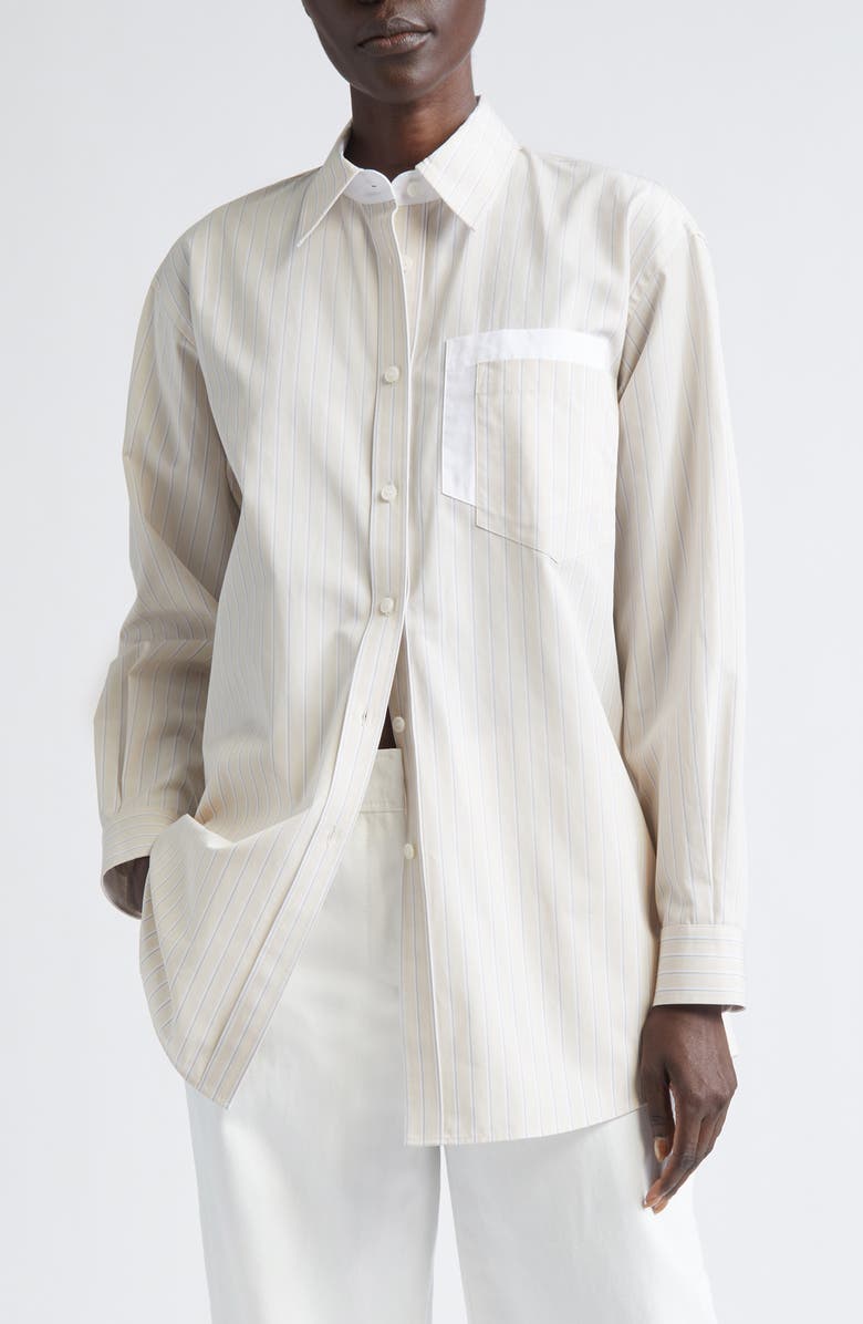 Lafayette 148 New York Stripe Oversize Cotton Poplin Button-Up Shirt, Main, color, Oatmeal Multi