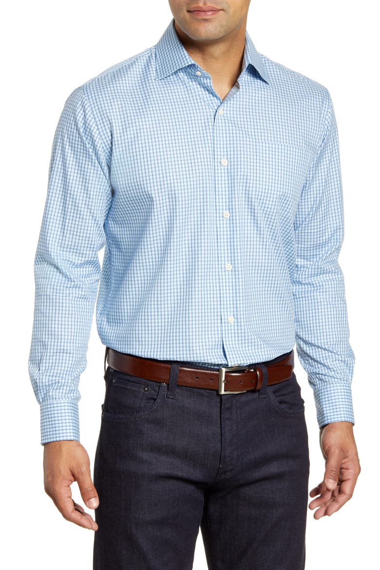 Cedar Island Micro Tattersall Button-Up Shirt, Main, color, CAROLINA SKY