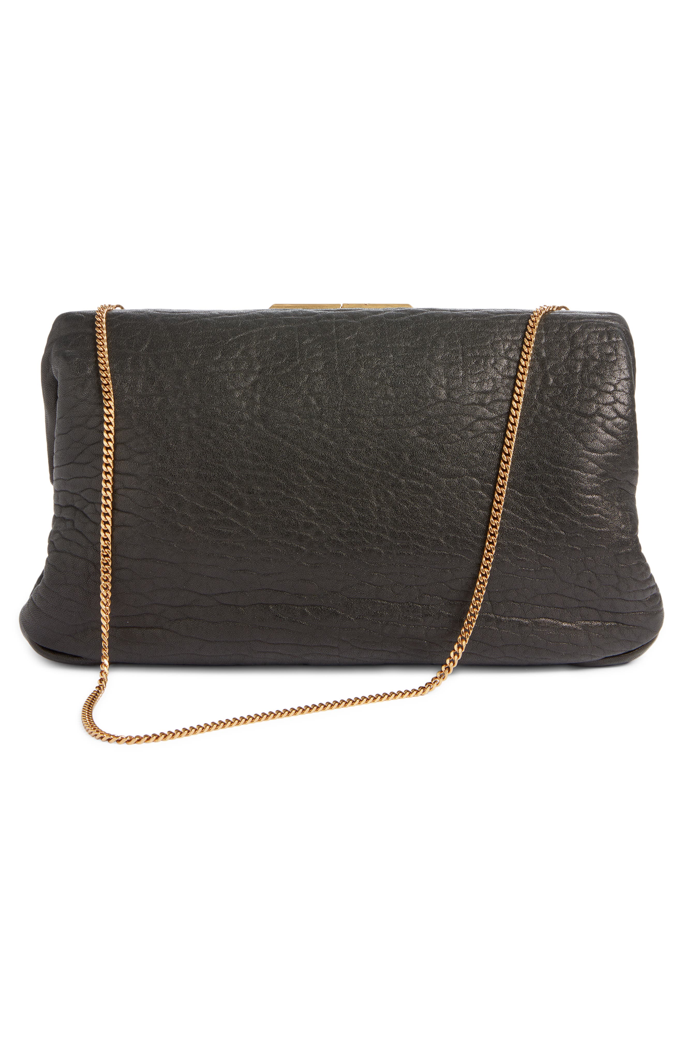 Saint Laurent Large Crinkled Leather Frame Clutch, Alternate, color, Noir