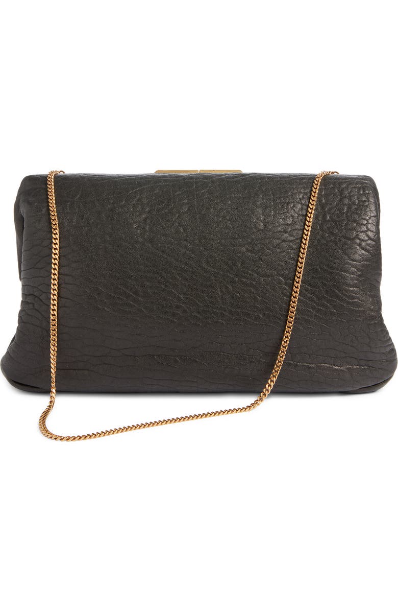 Saint Laurent Large Crinkled Leather Frame Clutch, Alternate, color, Noir