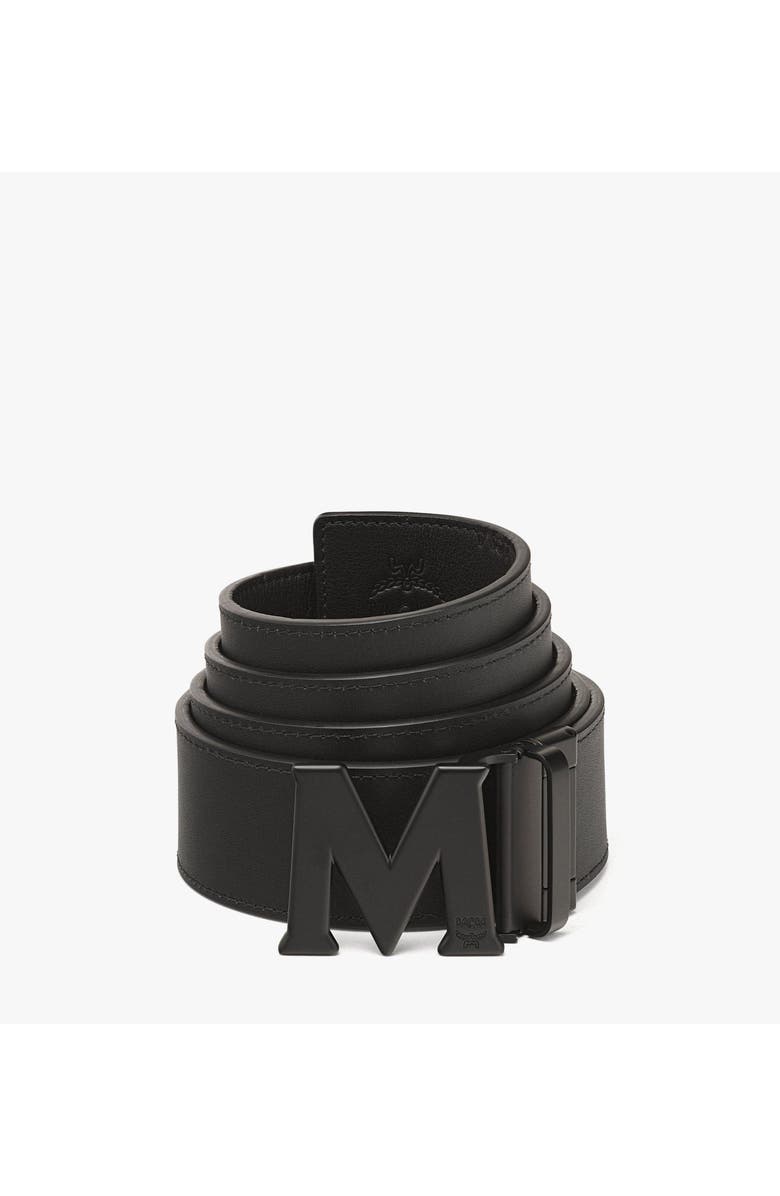 MCM Claus M Reversible Belt 1.75 in Embossed Monogram Leather, Alternate, color, Black / Matte Black