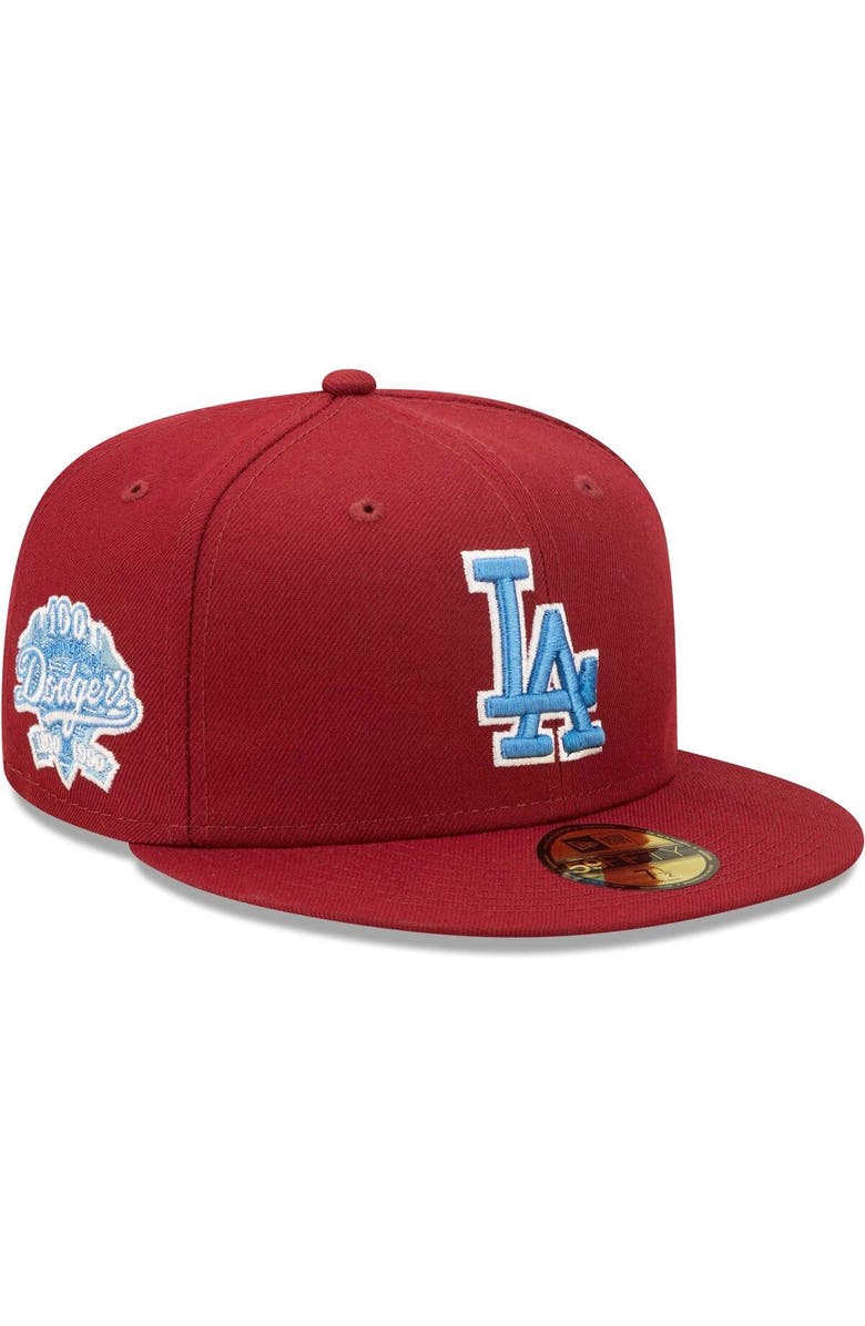 New Era Men's New Era Cardinal Los Angeles Dodgers 100th Anniversary Air Force Blue Undervisor 59FIFTY Fitted Hat, Alternate, color, 