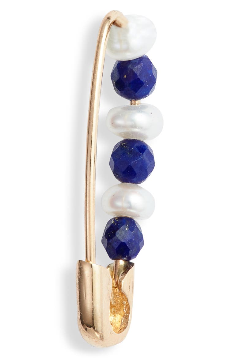 Friendship Safety Pin Earring, Alternate, color, LAPIS/ PEARL/ YELLOW GOLD