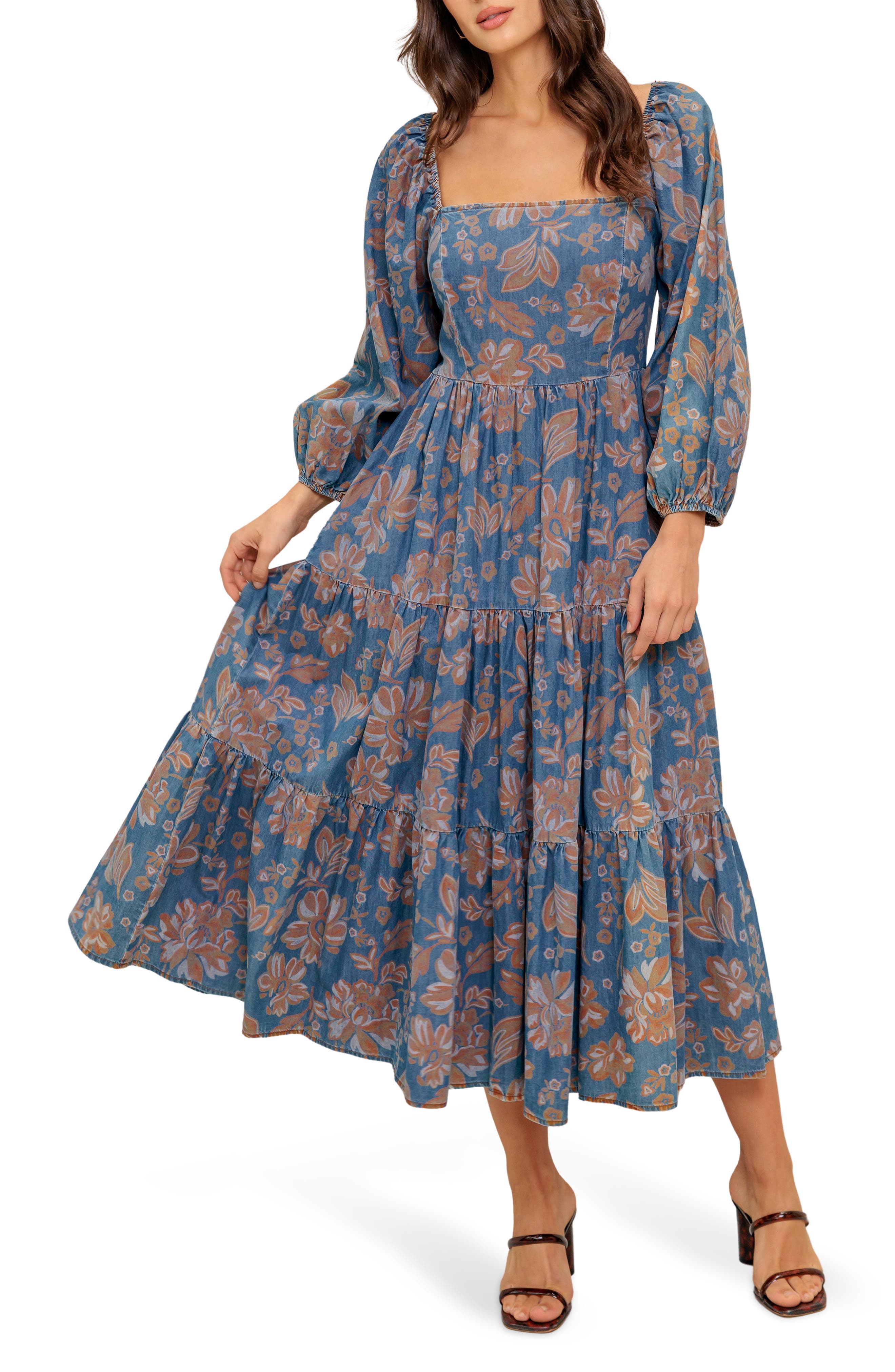 FLYING TOMATO Floral Balloon Sleeve Chambray Midi Dress