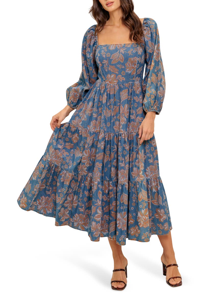Floral Balloon Sleeve Chambray Midi Dress, Main, color, CHAMBRAY