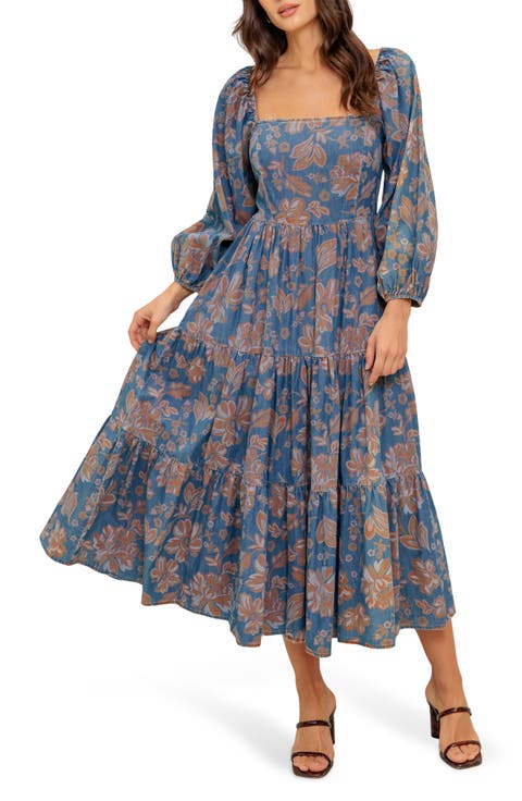 Floral Balloon Sleeve Chambray Midi Dress